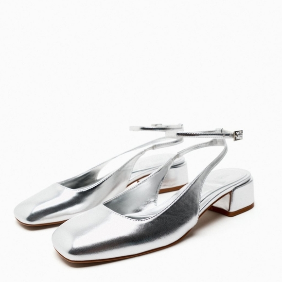 Zara Block Heel Ankle Strap Shoes Silver - Picture 5 of 11